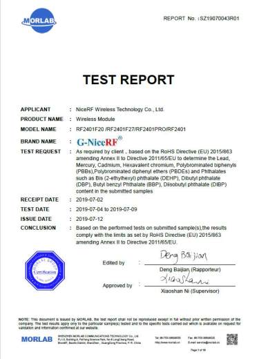 Los m&oacute;dulos de la serie RF2401 del m&oacute;dulo RF de 2,4 GHz pasaron la certificaci&oacute;n RoHS