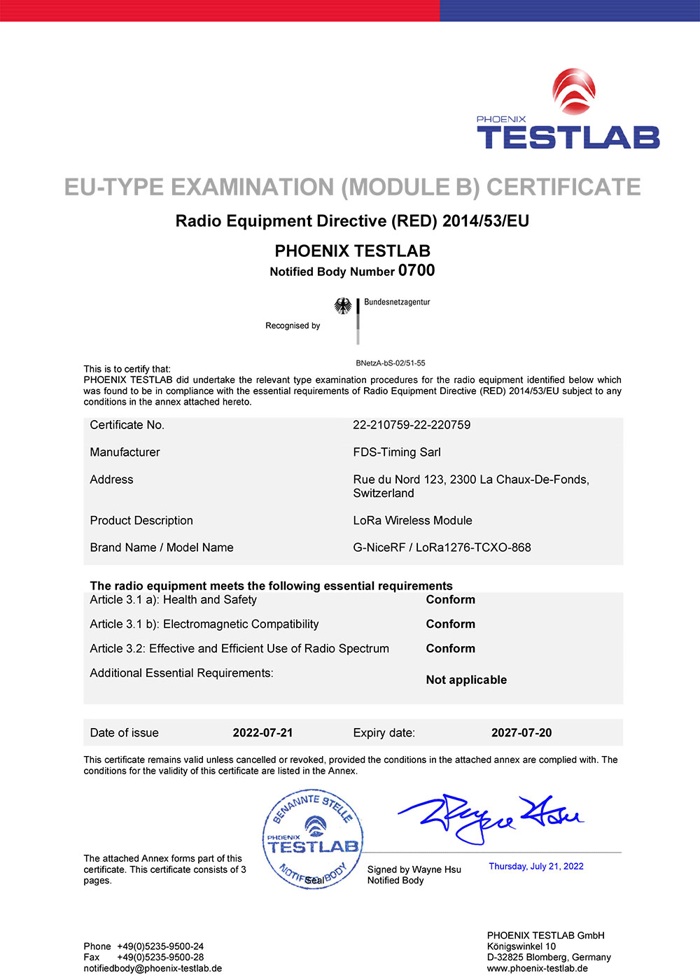 El módulo LoRa LoRa1276-TCXO-868 pasa la certificación CE-RED