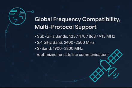 Infografía que destaca la compatibilidad de frecuencia global del módulo LoRa1121, enumerando sus capacidades de comunicación satelital Sub-GHz, 2,4 GHz y banda S.