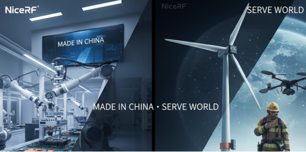 Configuración industrial con el texto "Hecho en China · Servir al mundo".