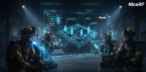 Bomberos utilizando módulos de audio full-duplex en un rescate.