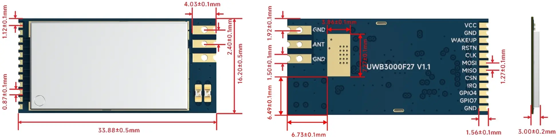 Dimensiones mecánicas del módulo frontal UWB3000F27 de alta potencia de 500 mW Dimensiones mecánicas del módulo frontal UWB3000F27 de alta potencia de 500 mW