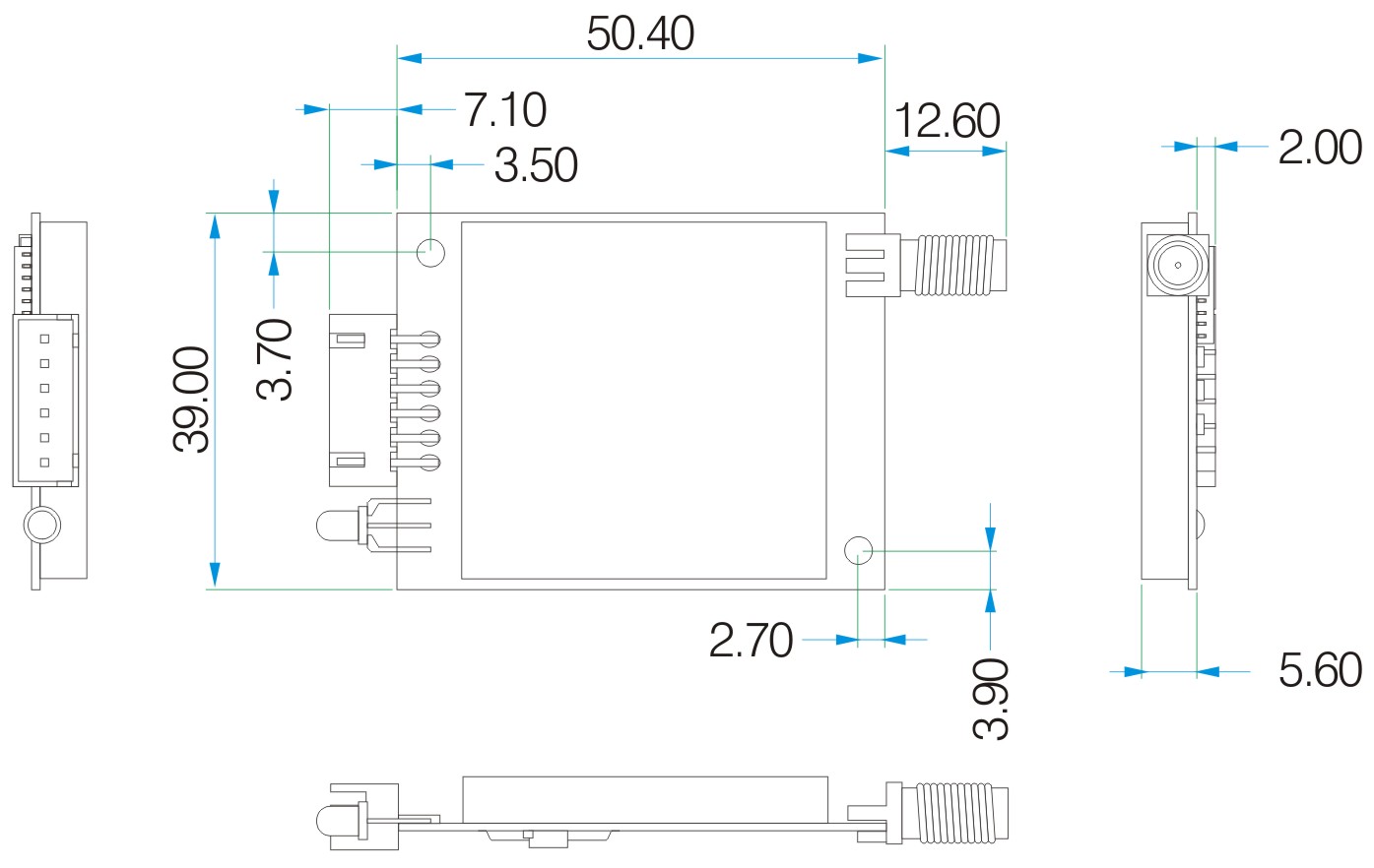 Dimensiones mecánicas del módulo inalámbrico LoRa6100Pro