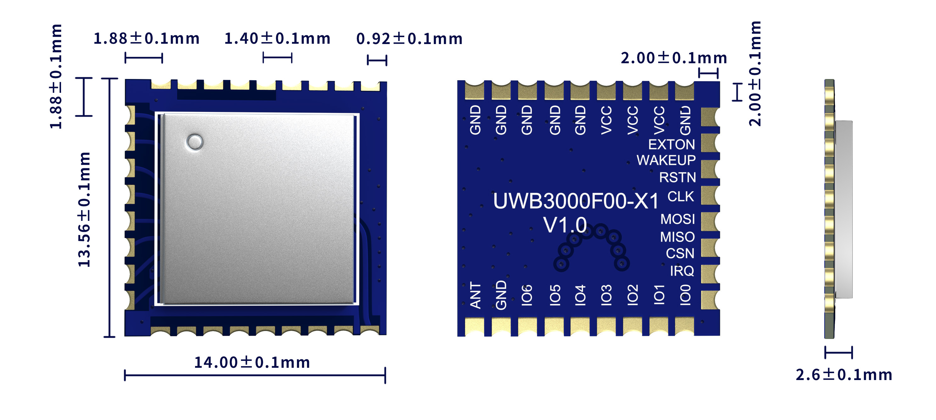Dimensiones del módulo UWB UWB3000F00-X Dimensiones del módulo UWB UWB3000F00-X