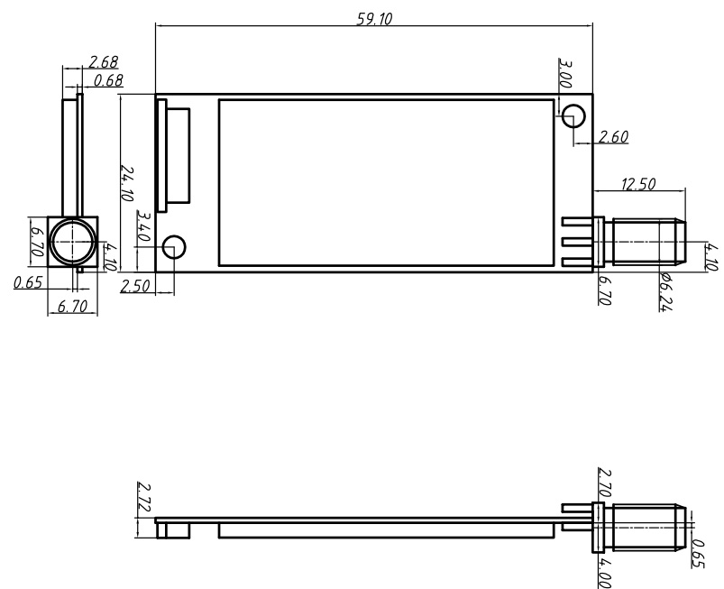 Dimensiones mecánicas del módulo inalámbrico DMR858S.
