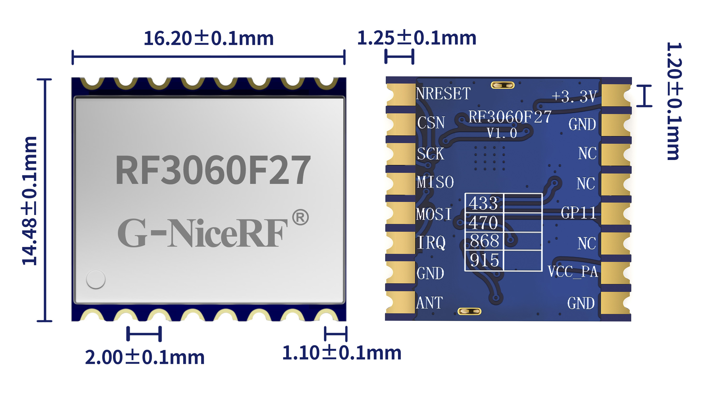 Dimensiones mecánicas del módulo de comunicación inalámbrica RF3060F27 Dimensiones mecánicas del módulo de comunicación inalámbrica RF3060F27